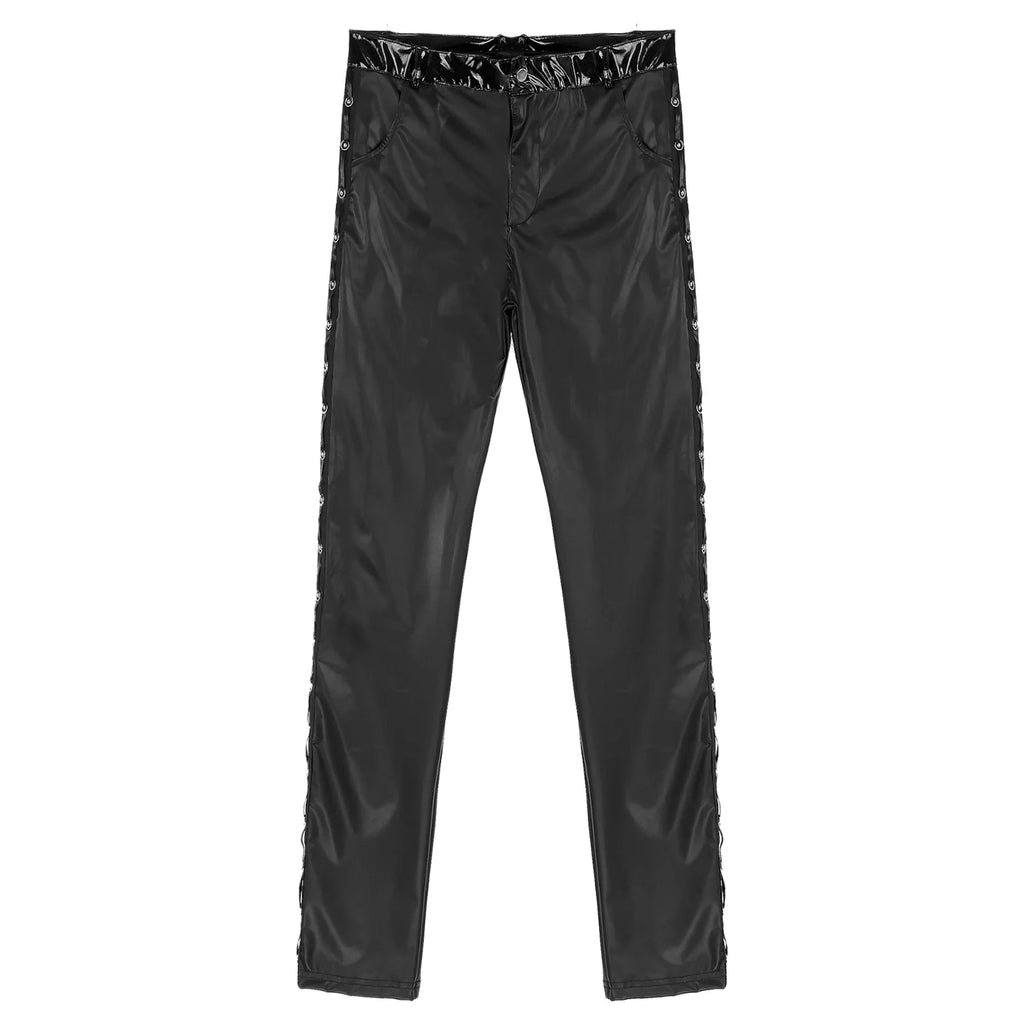 Men Latex Leather Pants Low Waist Faux Leather Shiny Pants Fashion Tight Trousers for Club Stage Show Rock Band Performance