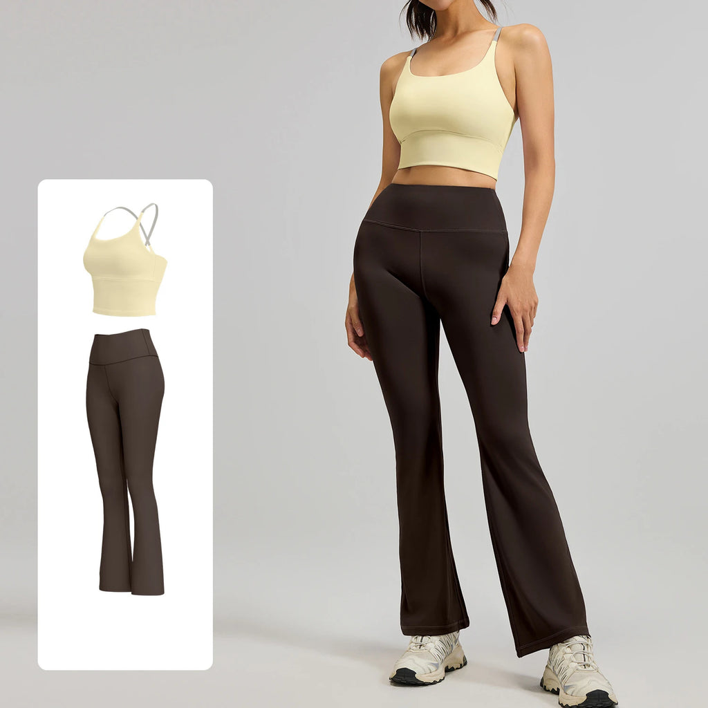 Wholesale Women's  Activewear 2-piece Gym Set Butt Scrunch High Elastic Flared Pants Set for Outdoor Workout Fitness