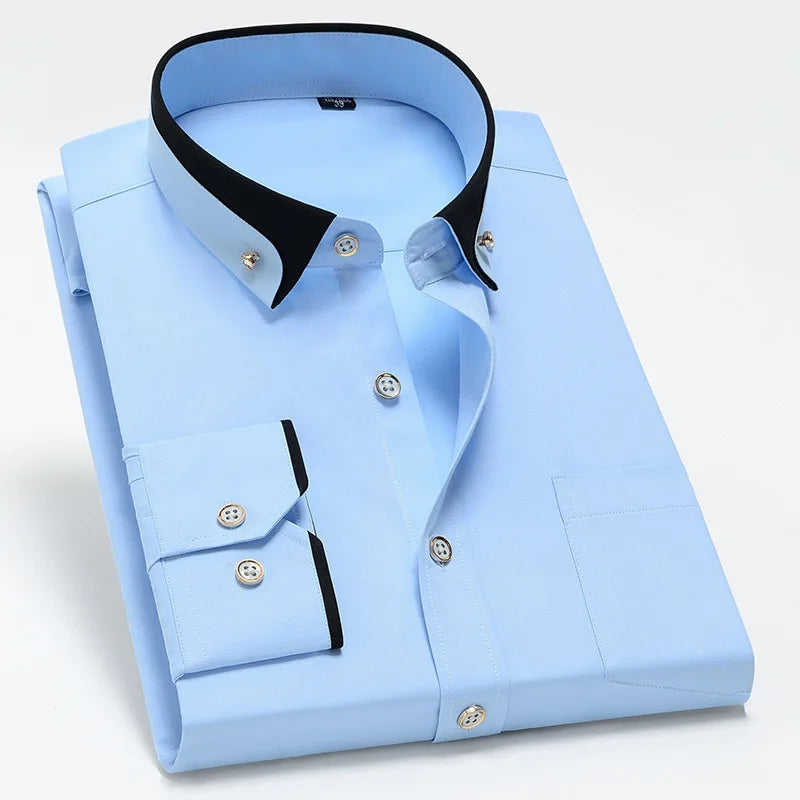 2025 New Men's Contrast Collar Elastic Long Sleeve Shirt Business Casual Comfortable Non-Ironing Shirt