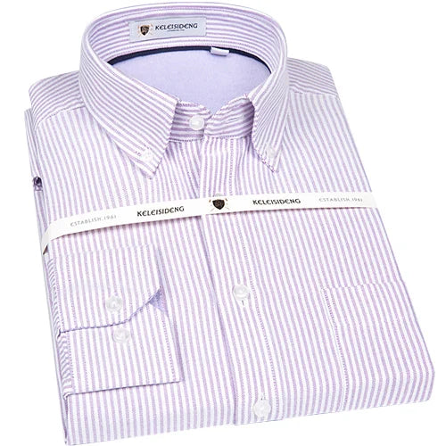 Men's Long Sleeve Thick Cotton Oxford Shirts with Front Pocket High Quality Smart Casual Stripe Plaid Button Down Dress Shirt