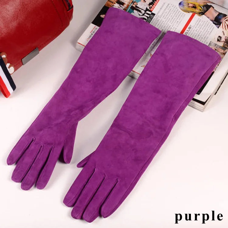 2025 Fall/Winter Fashion Women Pigskin Suede Genuine Leather Fold Long Glove Lady 30/40/50cm Black/Pink/Red Classic Luvas Mujer