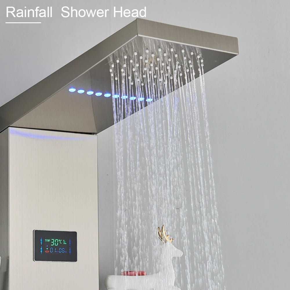 LED Shower Panel Waterfall Rain Digital Display Shower Faucet Set SPA Massage Jet Bathroom Column Mixer Tap Tower System
