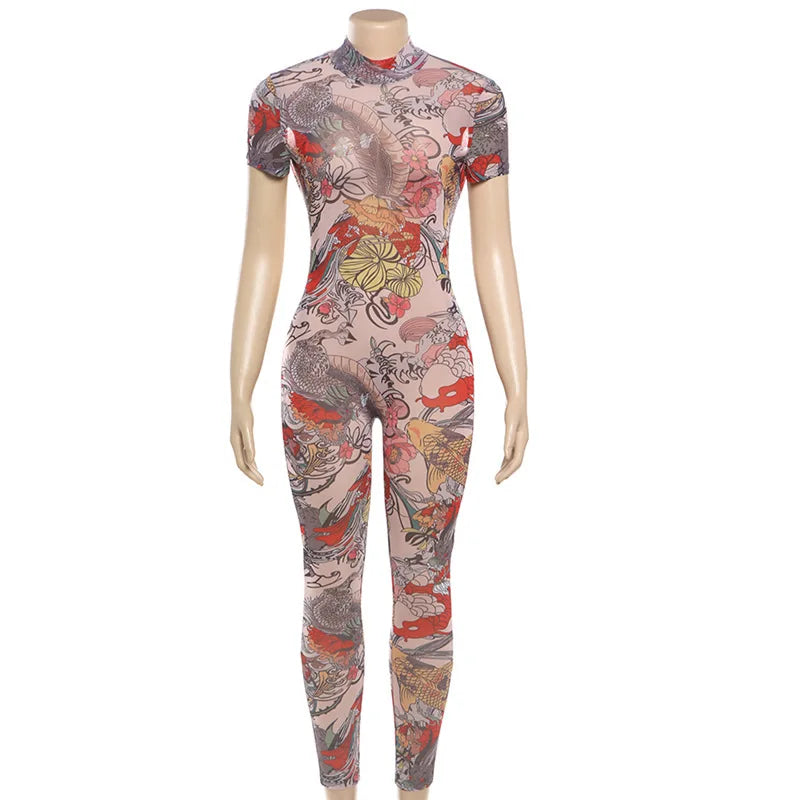 See Through Jumpsuit Women Backless Dragon Print Short Sleeve Fitness Activity Workout Overalls Slim Stretch Clubwear