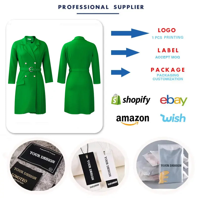 D3284 Custom Ladies Office Dresses Women Casual Long Sleeve V-neck Pleated Women Dresses for Office Work Formal Suit Dress