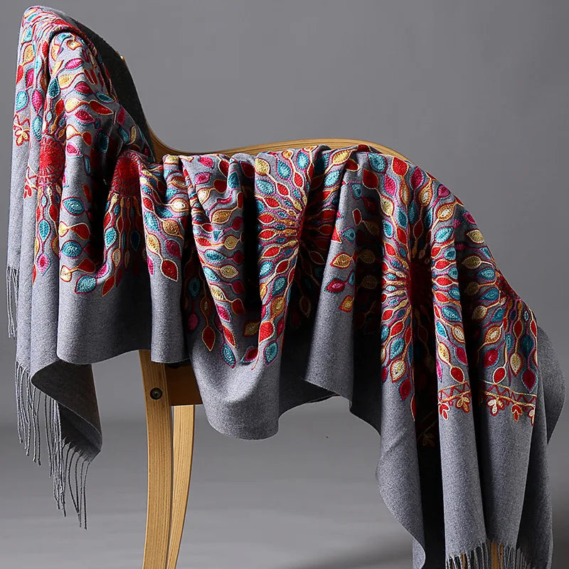 Wholesale JiYun 2025 Ladies Winter Scarf Shawl Floral Tassel Embroidery Soft Heavy Cashmere Feel-Hot Sale Winter Accessory