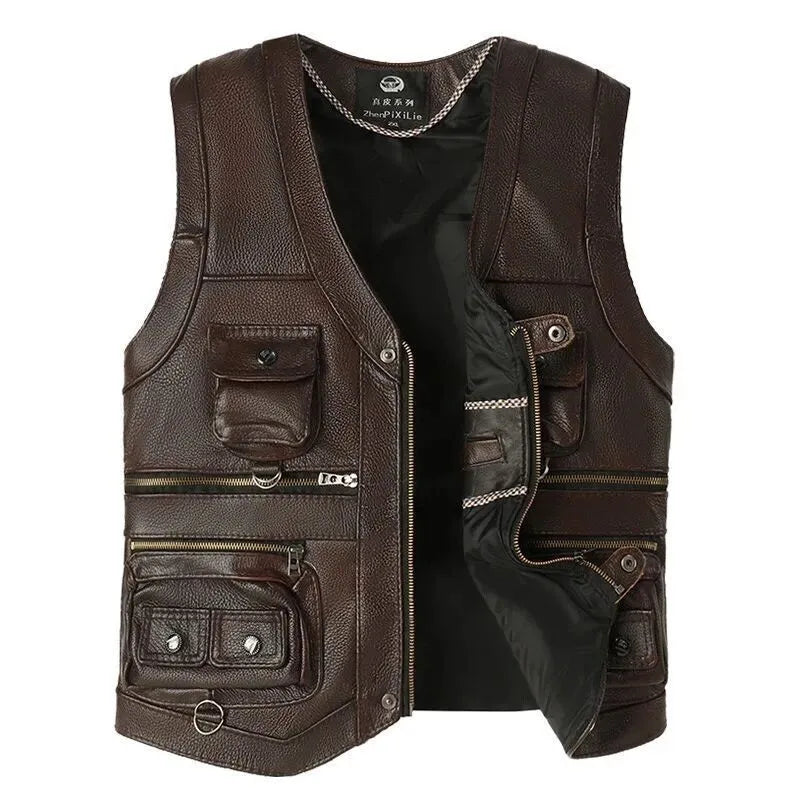 Spot Wholesale High Quality First Layer Cowhide Multi-pocket Tactical Sleeveless Jacket Knight Street Retro Motorcycle Vest Men