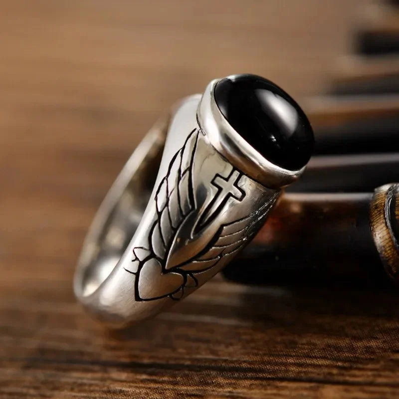 BOCAI Vintage Thai Angel Wing Cross S925 Silver Rings for Men Women Natural Black Agate Trendy Birthday Gifts Heart Pattern