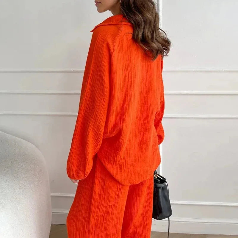 Boutique Wholesale 2026 Spring New Elegant  Casual Loose Polo Collar Sleeved Top Drawstring Pants Women's Set
