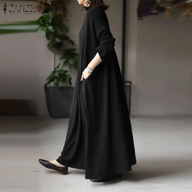 Autumn Women Sundress ZANZEA 2023 Vintage Solid Dresses Female Cotton Robe Casual Long Sleeve Pleated Maxi Vestidos Kaftan