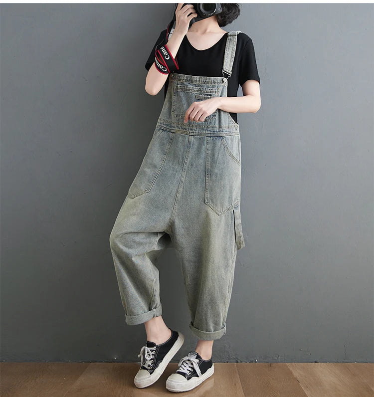 Boyfriend Loose Jeans Overalls For Women Casual Plus Size Wide Leg Denim Jumpsuit Straps Baggy Cargo Pants Big Pockets Dungarees