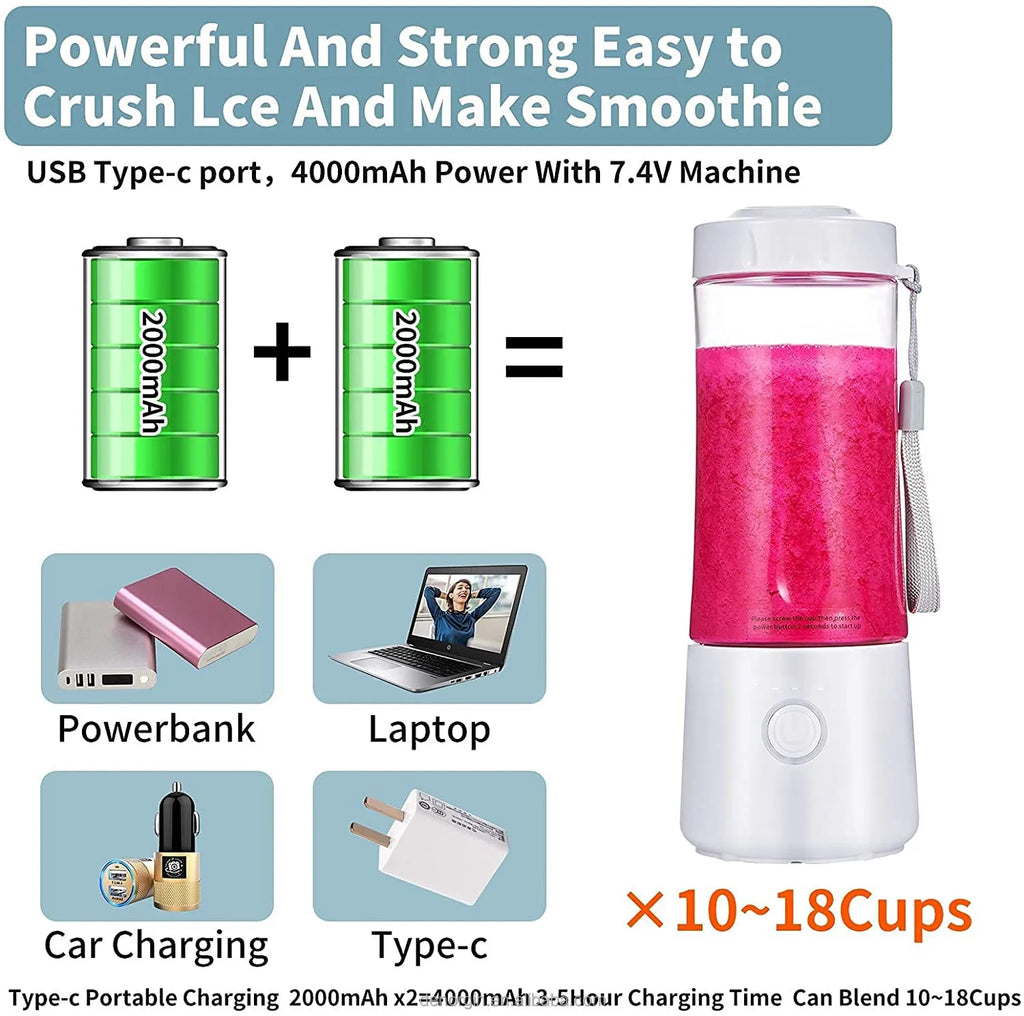 Wholesale Mini Portable Blender 400ml USB Rechargeable Type-C Charging Ice Crusher Car Use 6 Blades Fruit Juicer Mixer
