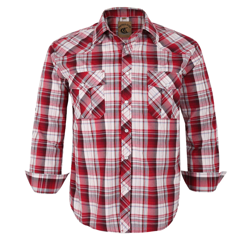 Men's Western Cowboy Long Sleeve Pearl Snap Casual Plaid Work Shirts