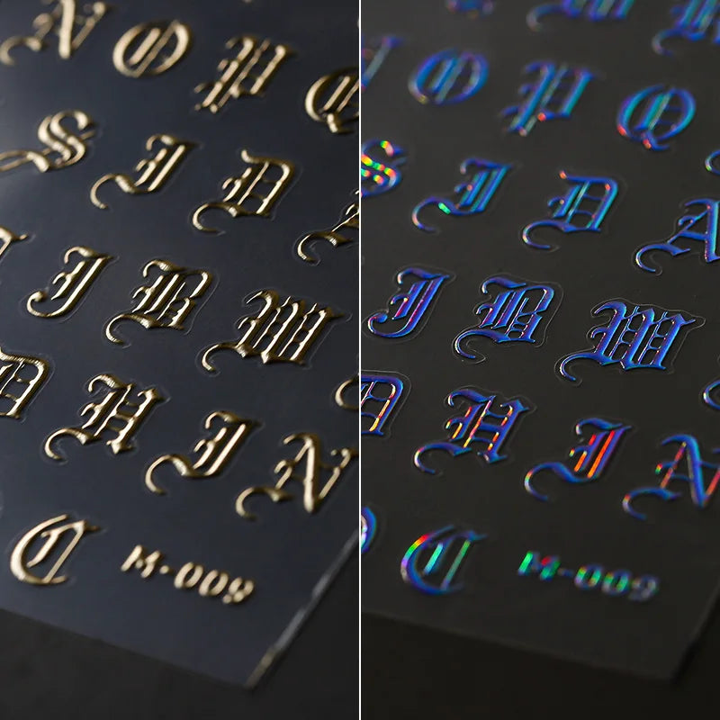 2D Laser Nail Stickers New Embossed Gold Foil Nail Decals Gothic Letter Rose Gold Nail Art Stickers