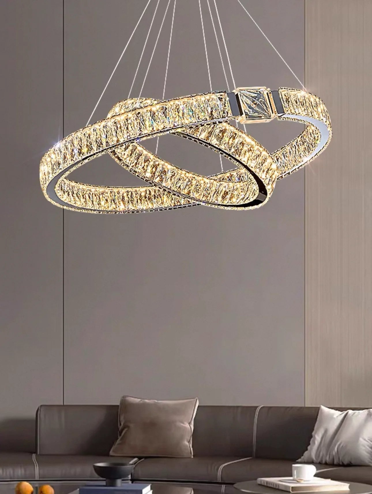 Circular ceiling light, living room stainless steel high adjustable crystal ring pendant light