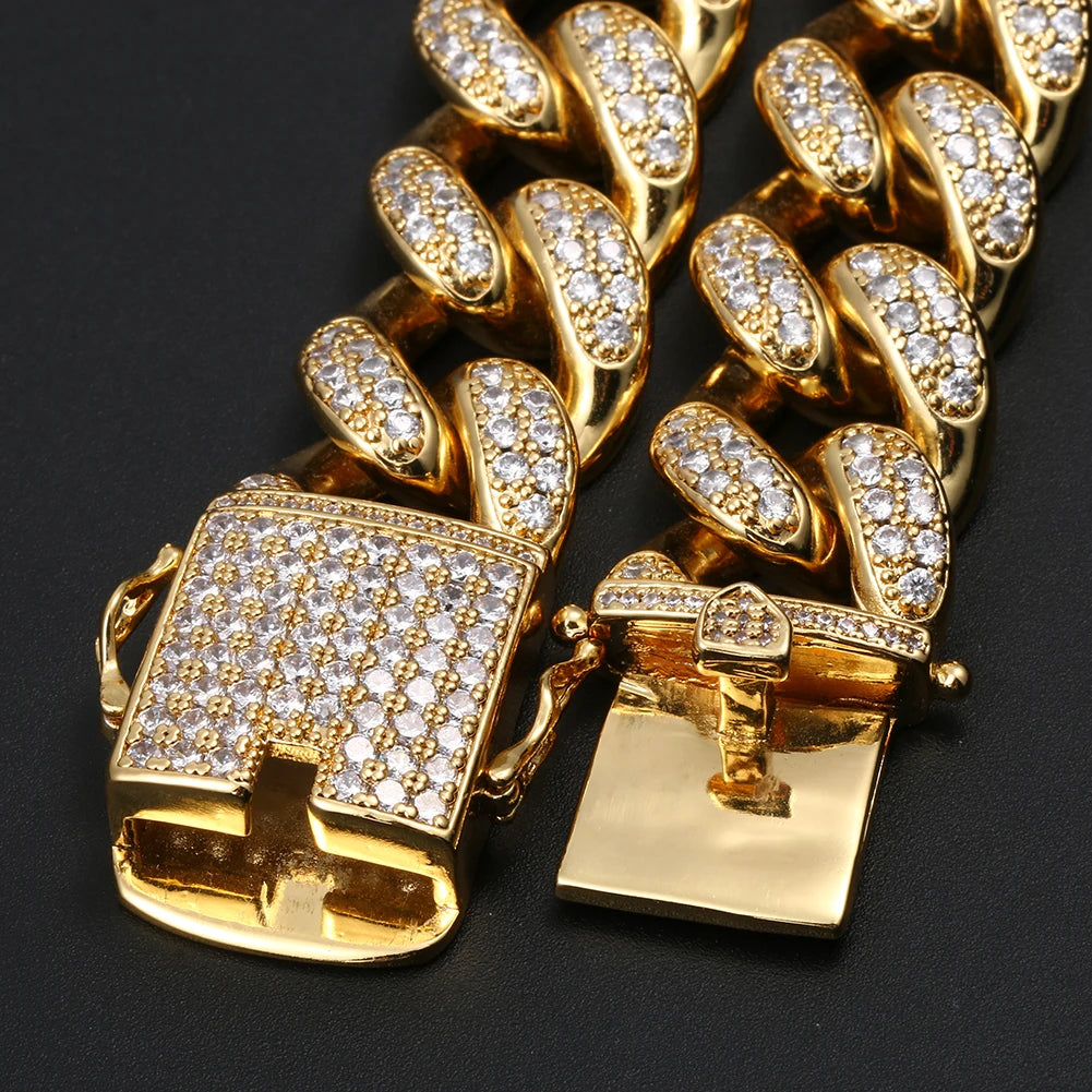 Trendy Hip Hop Baguette Zircon Cuban Chain Bracelet 22cm 18K Gold Plated Unisex Gift Jewelry