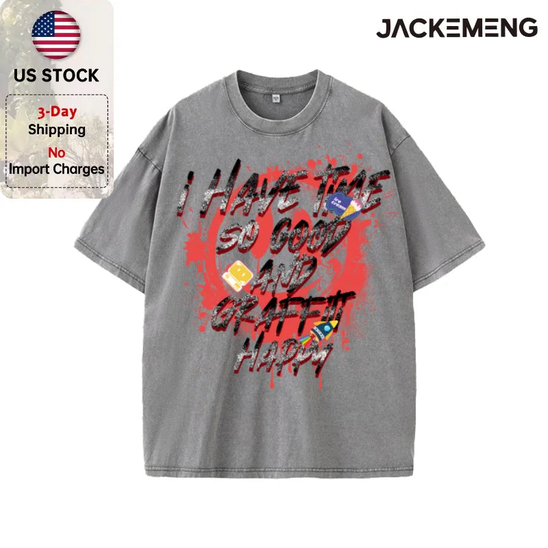Oversized Washed Retro Graffiti Text Streetwear Print Tshirt USA Stock Wholesale Y2K Casual Tee