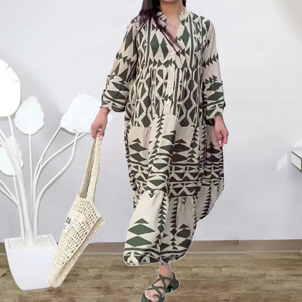 Summer New Women'S Wear V-Neck Maxi Long Dress Vintage Printed Pattern High Waist Long Dress