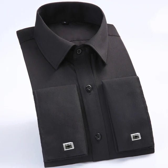 Men's Classic French Cuffs Striped Dress Shirt Single Patch Pocket Standard-fit Long Sleeve Wedding Shirts (Cufflink Included)