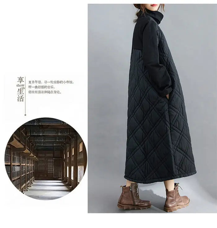 Retro Quilted Diamond Dress Thick Stitching Warm Autumn Winter Clothing New Women's High-Neck Casual Long Tunic y750