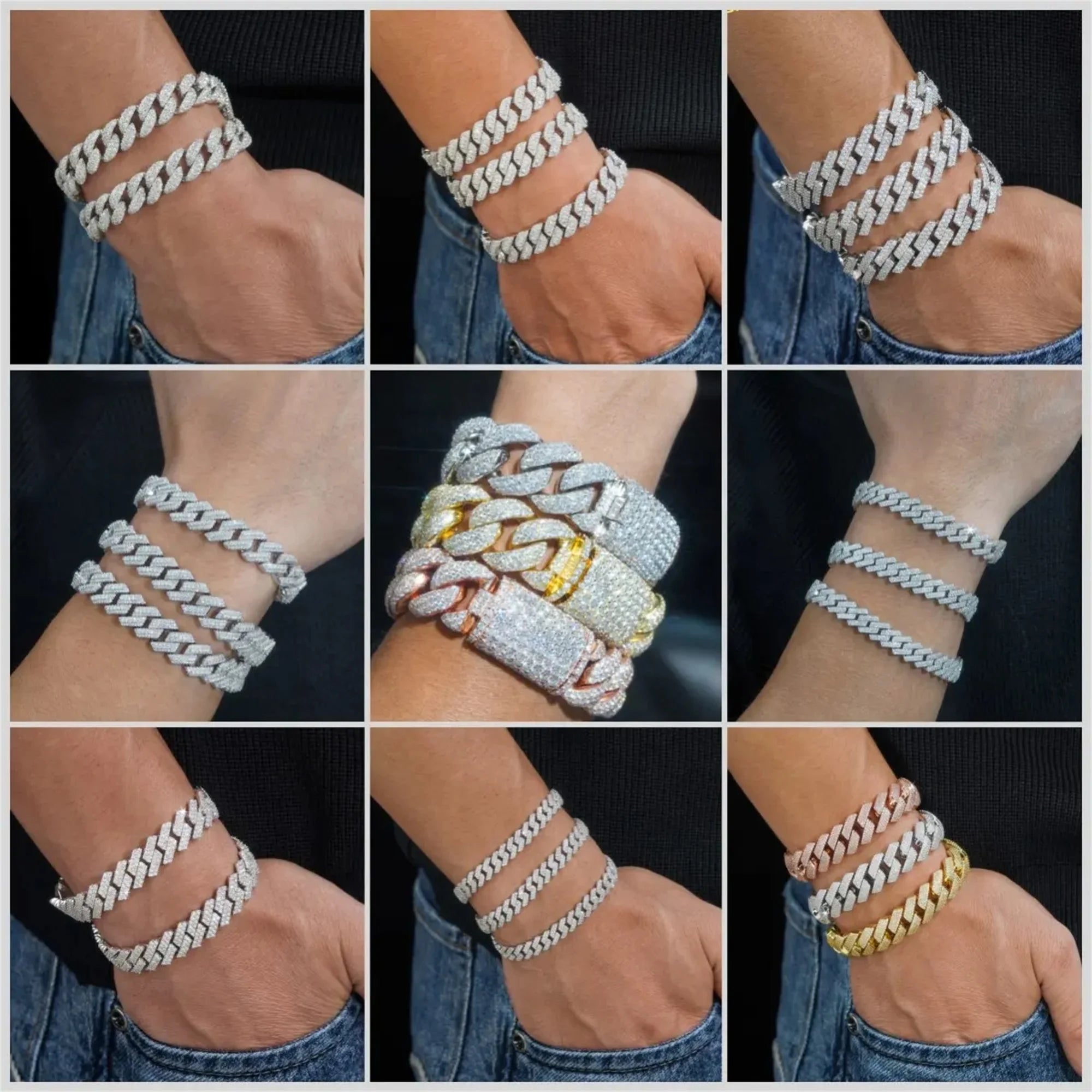 Hot Selling Pass Diamond Tester 925 Sterling Silver 10mm 15mm  20mm Moissanite Cuban Link Chain Mens Cuban Bracelet