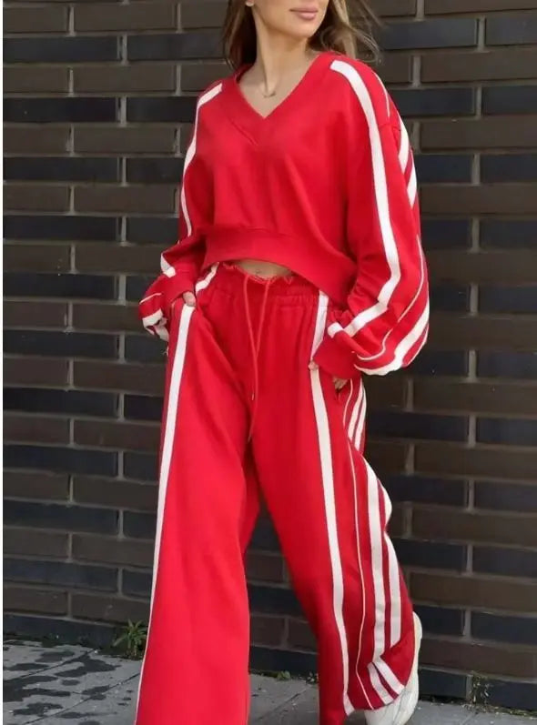 Women's Trendy V-neck Cropped Top & Wide Leg Pants 2-Piece Set Side Striped Casual Tracksuit