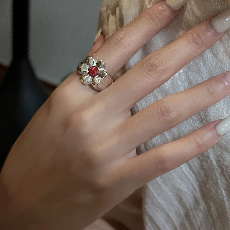 Natural Red Stone 925 Sterling Silver Big Flower Shape Adjustable Rings for Women