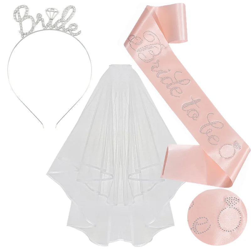 3-piece Set Bride to Be Crown Headband Shoulder Strap Wedding Veil Set for Bridal Shower WB007