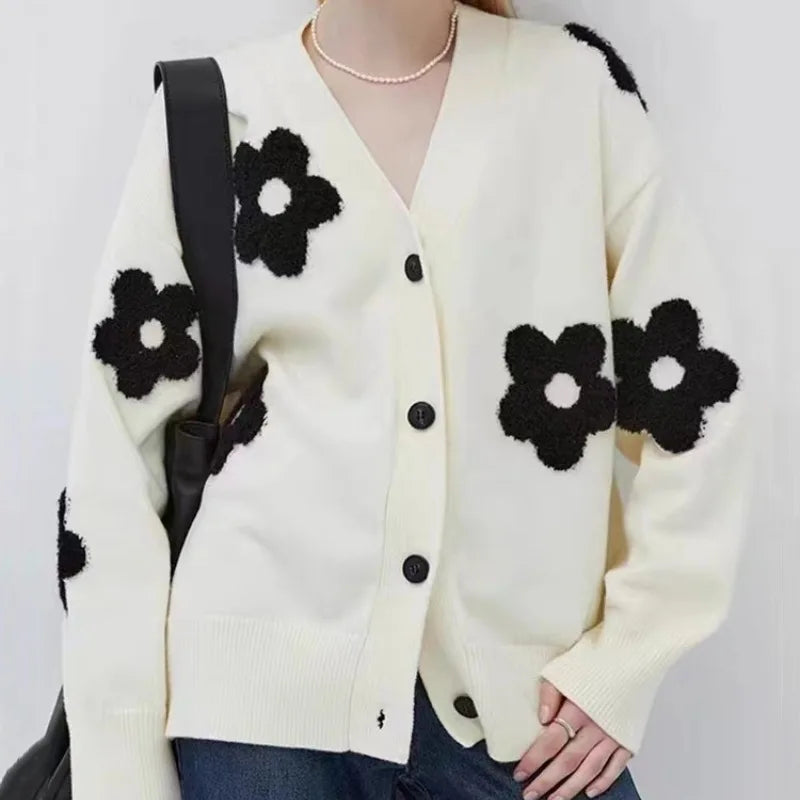 Women's Casual Cardigan New Fall V-Neck 3D Embroidered Floral Knit Sweater