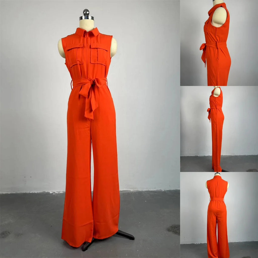 HK7041Fashion Women Jumpsuit Lady Elegant Solid Color Lapel Collar Pocket Sleeveless Lace up Waist Wide Leg Jumpsuit for Women