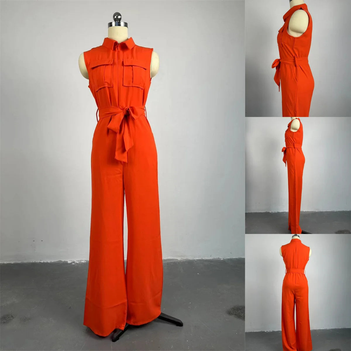 HK7041Fashion Women Jumpsuit Lady Elegant Solid Color Lapel Collar Pocket Sleeveless Lace up Waist Wide Leg Jumpsuit for Women
