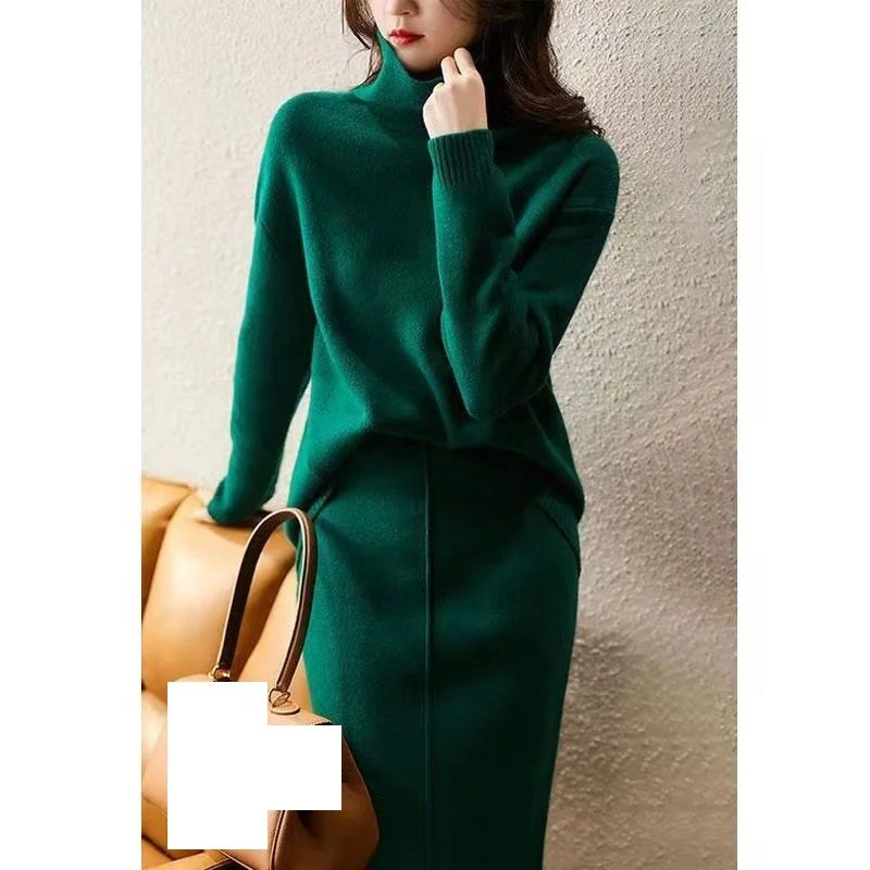 Fashion Temperament Fashion Knitwear Women's Autumn Winter Loose Sweater Skirt High Neck Two-piece Set