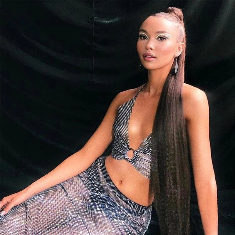 Sexy Rhinestones Fishnet Party Crystal Deep V Crop Top Rhinestone Chainmail Halter Draped Bra Ladies Club Crop Top