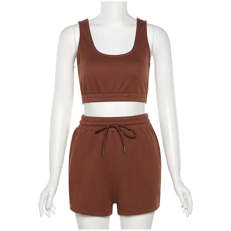 New Fashion Summer Two Piece Set Crop Top Solid Sportswear  Women Elasticity Matching Shorts Athleisure Casual Sets Outfits 2021