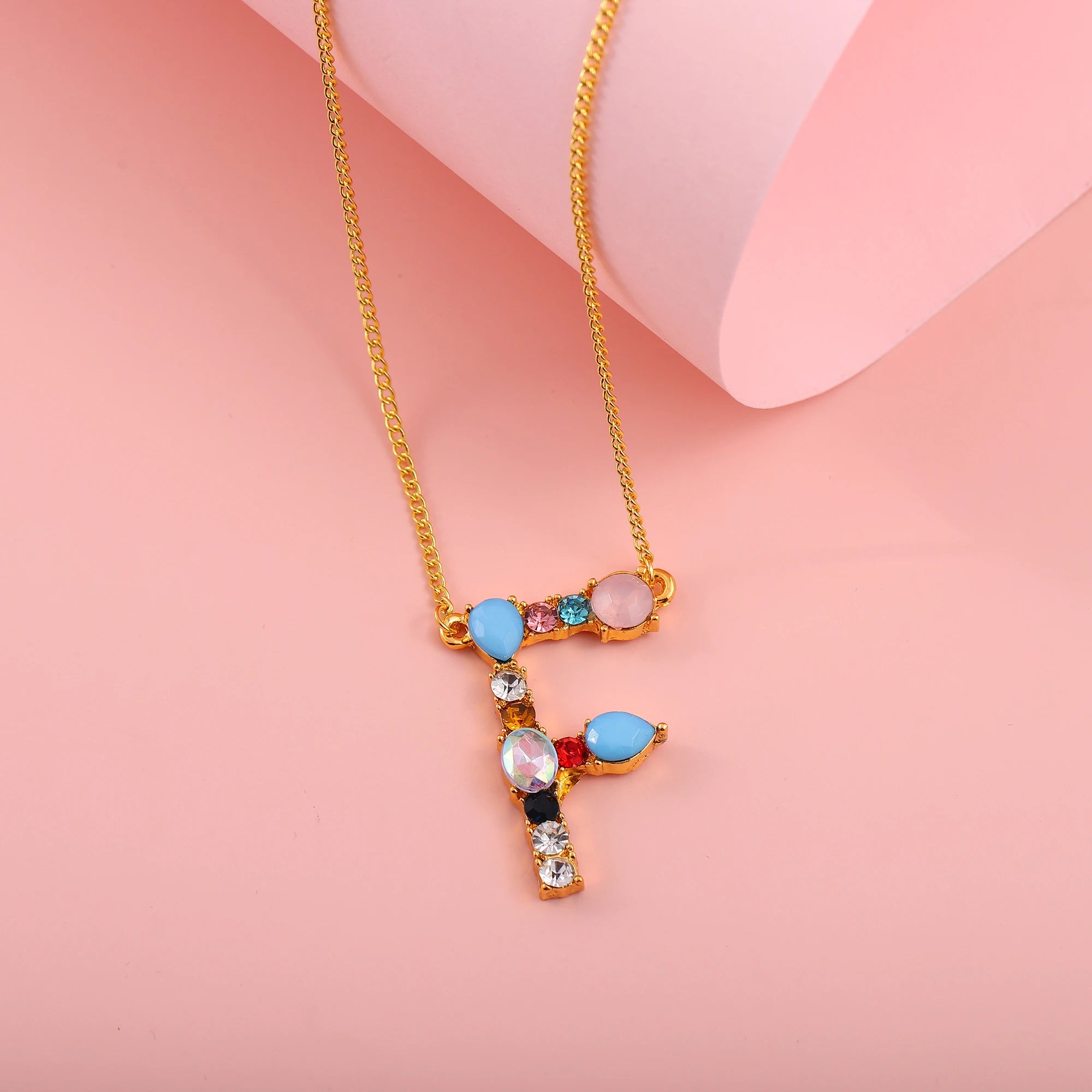 Hainon Fashion Initial 26 Letter Necklace Colored Zircon Necklace Electroplated Gold Sweater Chain