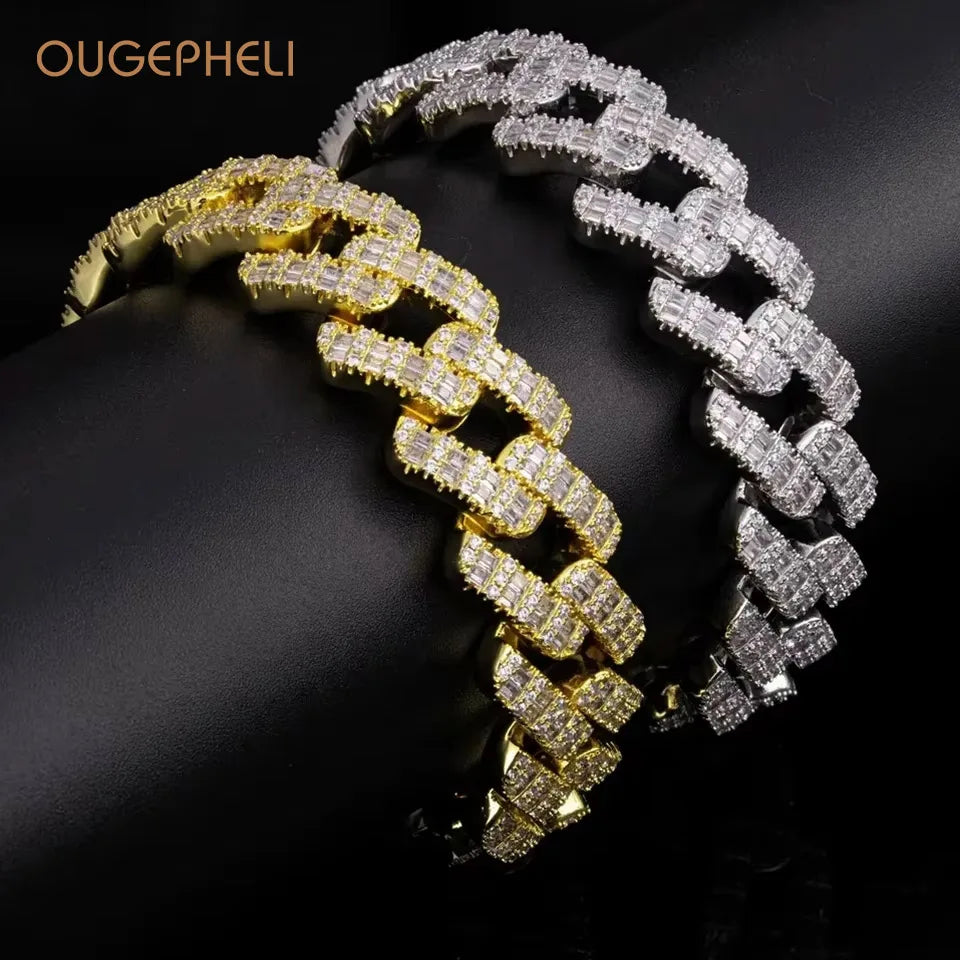 OUGEPHELI CZ Zircon Cubic Zirconia Gold Plated 925 Sterling Silver Cadena Cubana Hip Hop Necklace Jewelry Miami Cuban Link Chain