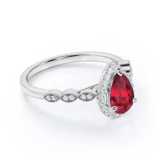 925 Sterling Silver Rose Gold Plated Pear Cut Lab Created Ruby Solitaire Classic Dainty Engagement Wedding Ring for Women