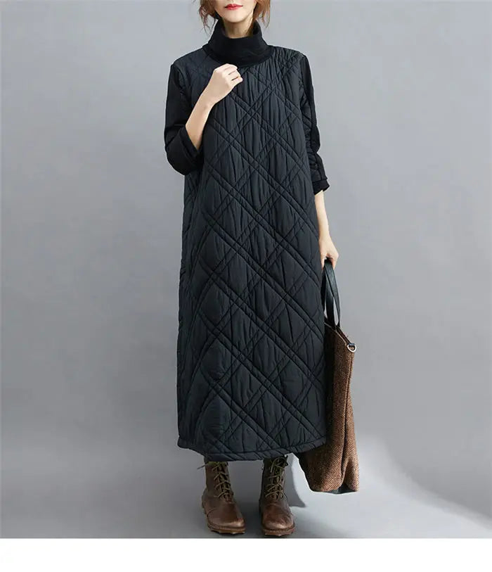 Retro Quilted Diamond Dress Thick Stitching Warm Autumn Winter Clothing New Women's High-Neck Casual Long Tunic y750