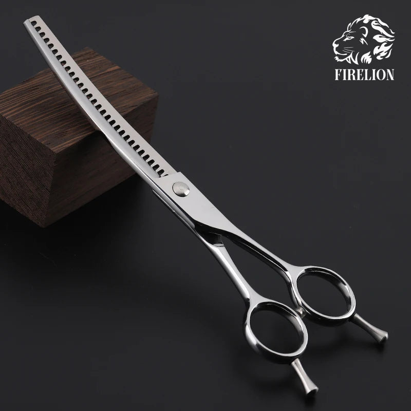 FIRELION 7.5 Inch High Quality Profession Pet Grooming Scissors Dog Chunker Shark Teeth Curved Thinning Scissors