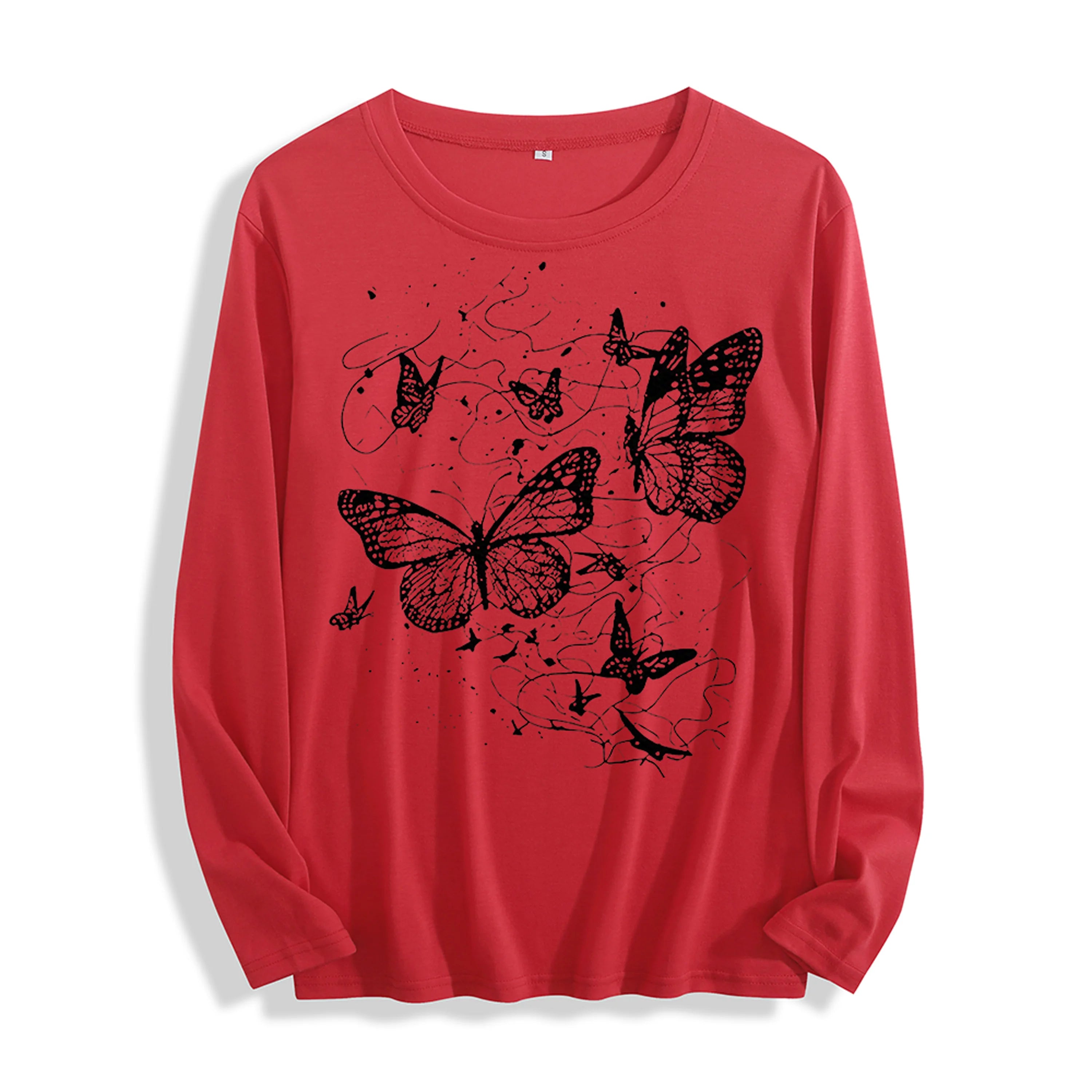 100% Cotton "Black Butterfly Graphic" Long - Sleeve T - Shirt, Multi - Colors