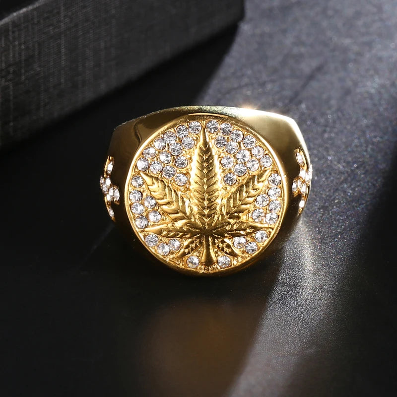Men's Ring HIP Hop Iced Out Bling Gold Stainless Steel Micro Paved Rhinestone Maple Leaf Rings Cross Diamond Ring