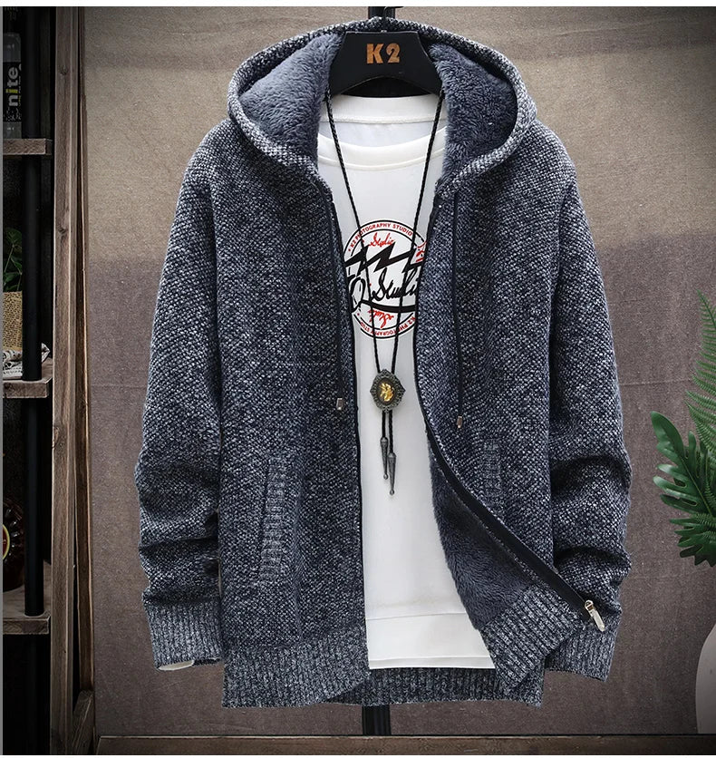 Autumn Winter Men's Sweaters Hooded Knit Cardigan Korean Sweaters Jacket Fleece Lined Hoodies Windbreaker Coat