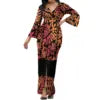 Hot Selling Flower Polynesian Tribal Bell Sleeve V Neck Long Maxi Slit Dress Custom Plus Size Womens Dresses Island Style Dress