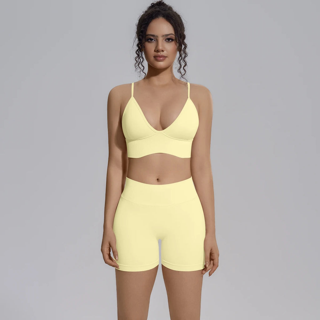 New Summer Sexy Naked Feeling Yoga Shorts Set Women 2 Piece Sport Bra Biker Shorts Workout Gym Activewear