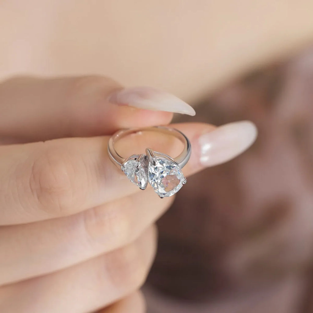 Dylam Trendy Double Stone S925 Sterling Ring 8A Cubic Zirconia Ring Pear Waterdrop Shape Engagement Wedding Rings Jewelry Women