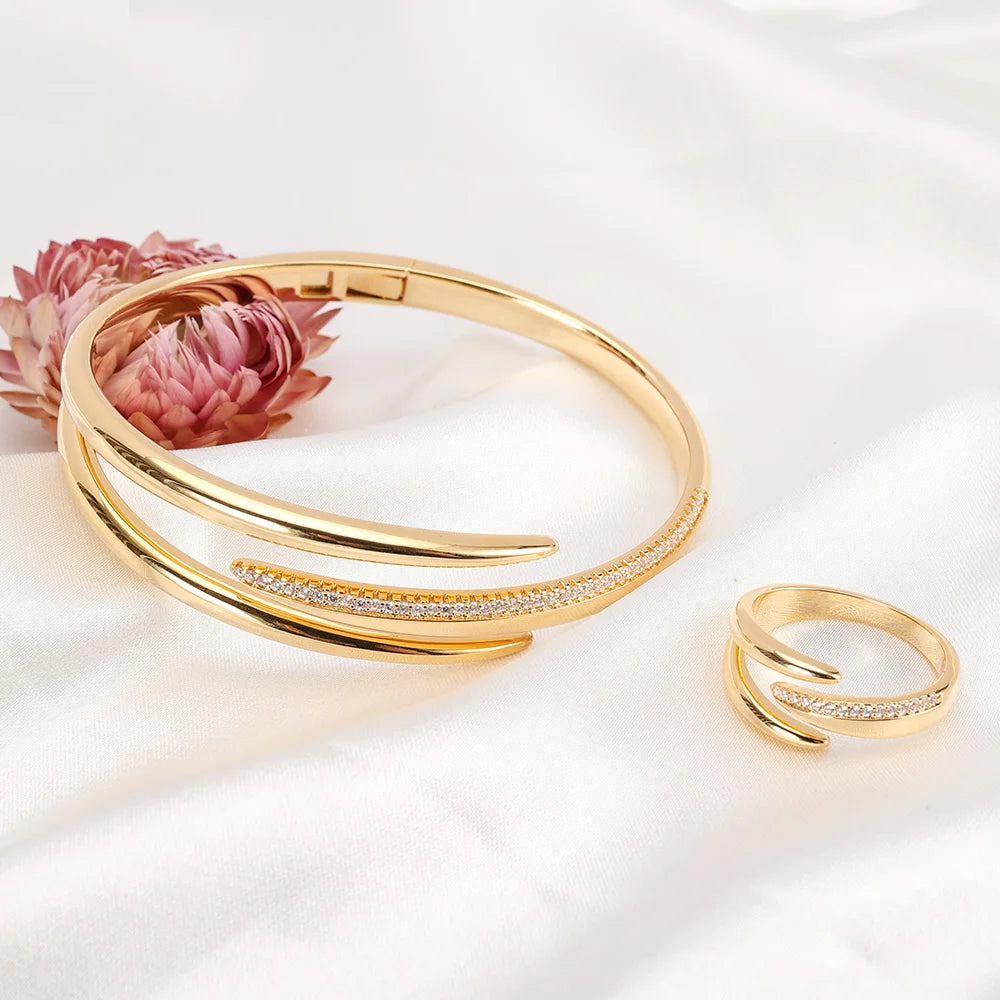 011857 Women Fashion Bracelet Ring Sets Cubic Zircon Bangle Rings Set for Women Cuff Design Jewelry Set for Party Daily Life