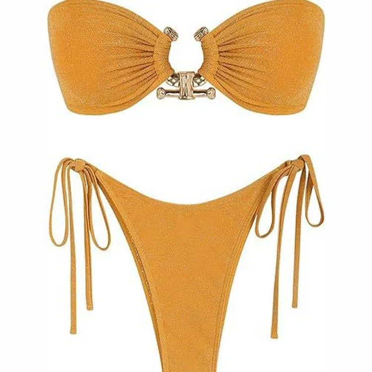 Off Shoulder Sexy 2 Piece Bikini Metal Ring Bathing Swimsuit Mini Beach Swimwear Thong Beach Wear