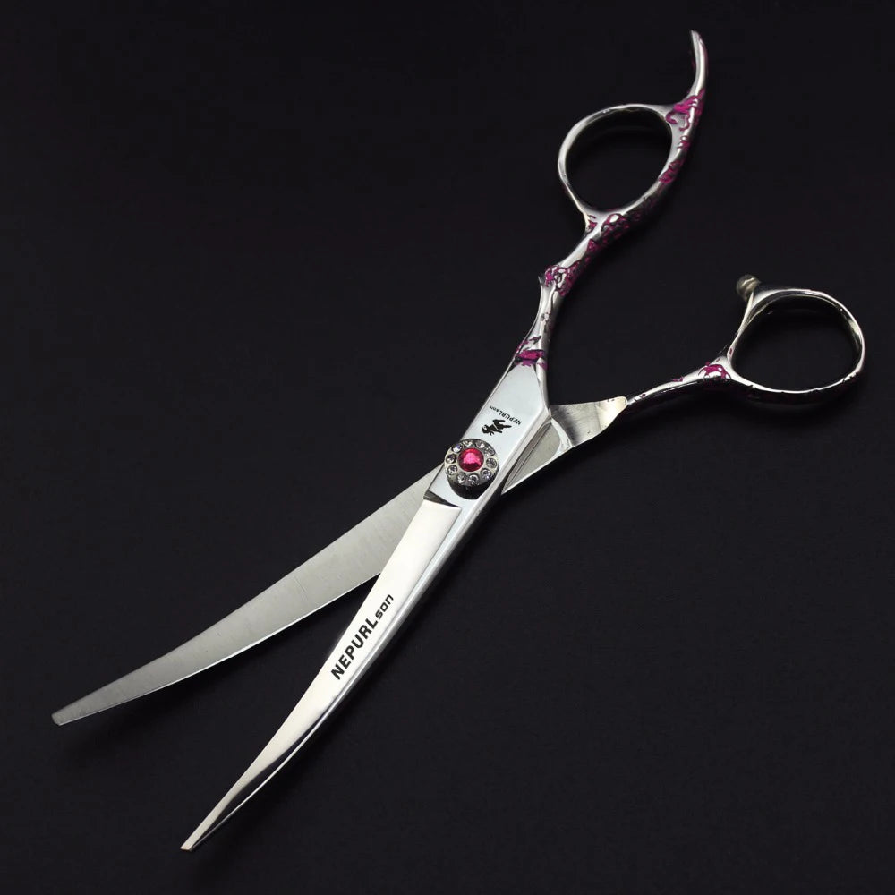 7.0 Inch  Pink plum Handle  Veterinary Animal Shaped Scissors Pet Grooming Scissors Pet Fishbone Teeth 5 Scissors Set PTS-114