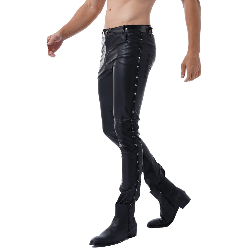 Men Latex Leather Pants Low Waist Faux Leather Shiny Pants Fashion Tight Trousers for Club Stage Show Rock Band Performance