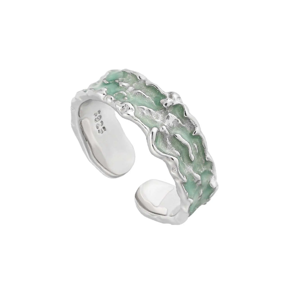 FUAMAY Fashion Designer 925 Sterling Silver Wide Ring Irregular Grain Mint Green  Enameled Rings