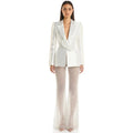 2026 Spring Lady Fine Workmanship Beading Solid Suit Long Sleeve Hollow Out Waist Blazer See-through Flared Pants Women 2Pcs